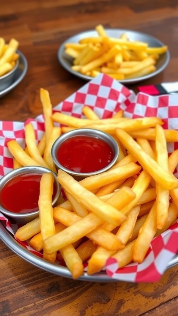 Crispy air fryer fries served in checkered paper with ketchup on a wooden table.